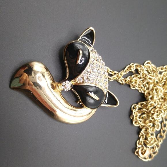 Fox Pendant Brooch Necklace, Black Enamel, Clear Rhinestones, 36" Chain - Picture 2 of 7